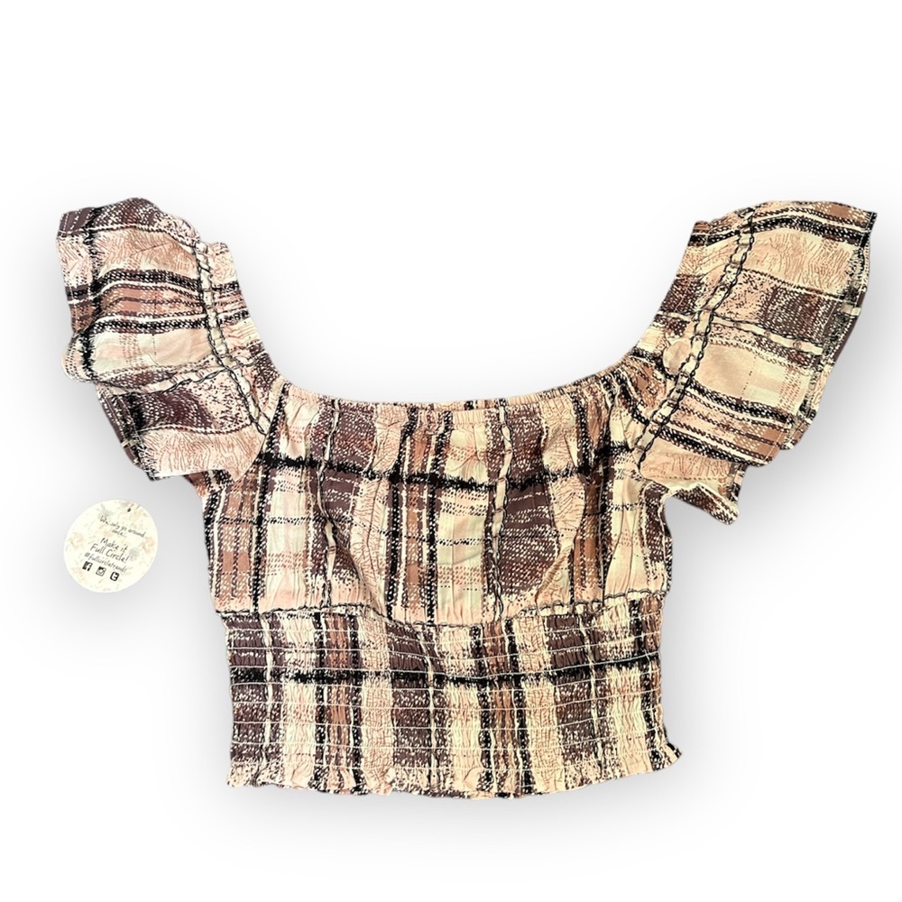 Boutique Off The Shoulder Mixed Plaid Pink/Brown Crop Top NWT